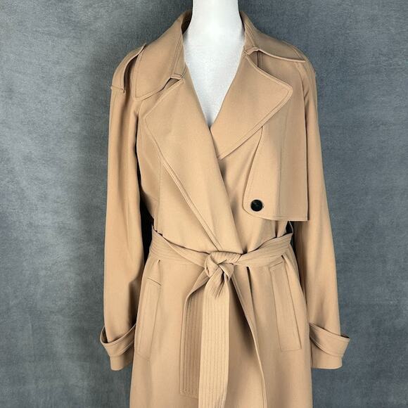 Theory Trench Coat Women Large Tan Overcoat Quiet Luxury Career Preppy Neutral - Picture 2 of 16